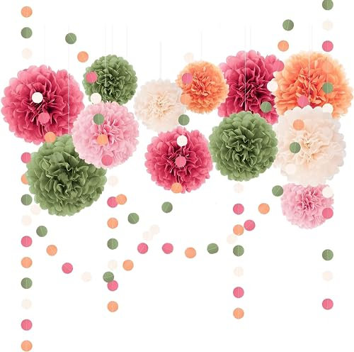 Party Dekoratior-F-J Pompons 15 Stück Rosa Grün Orange Seidenpapier Pompons Deko mit Tissue Papier Pom Poms und Dots Papier Girlande für Hochzeit Abschlussball Babyparty Geburtstag