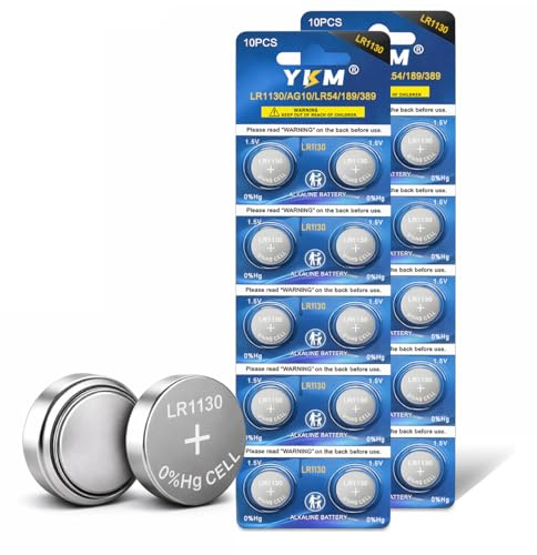 YKM LR1130 Battery AG10 L1131f L1131 L1131c 389 390 LR54 1130 1.5V Alkaline Batteries for Watch Calculator Button Cell Batteries Pack of 20