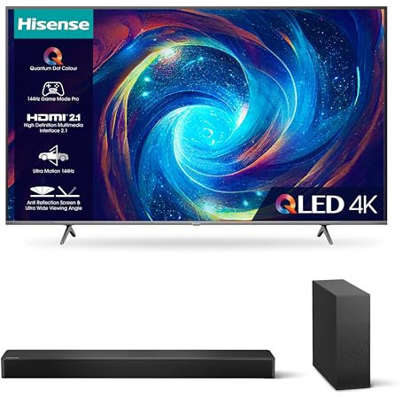 Hisense 4K 144Hz QLED TV E7K PRO and HS2100 with 240W Max Audio and Wireless Subwoofer &EZ Play