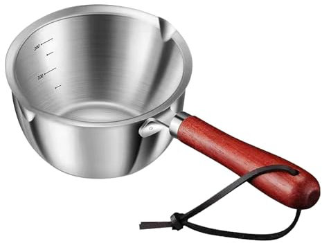 SUNERLORY Butter Warmer Topf mit Holzgriff für Meeresfrüchte, Mini Milch Warmer Topf Edelstahl Milchwärmer für Kaffee, Butter Schmelztopf Kleine Heizung Kochgeschirr Suppe Wamer Pfanne(Size:300 ml)