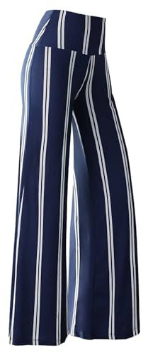 Cegerne Pantaloni da Donna Pantaloni Palazzo Elasticizzati a Gamba Larga a Vita Alta, Striscia Blu, XL
