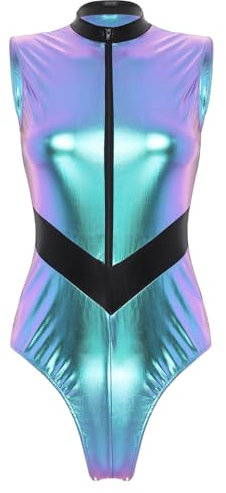 iEFiEL Damen Metallic Body Lackleder Bodysuit Catsuit Wetlook Jumpsuit Langarm/Kurzarm Turnanzug Ballettbody Trikotanzug Tanzkostüm Wa Bunt XXL