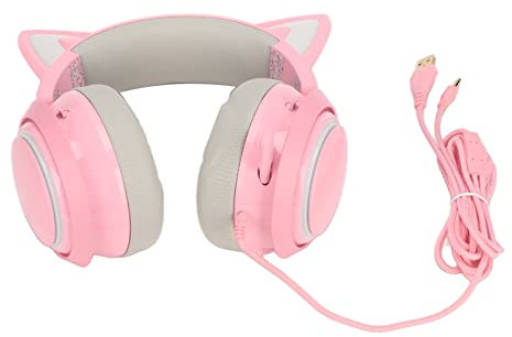Auriculares para Juegos Rosados Auriculares para Juegos con Cable USB con Oreja de Gato para PC Mac PS5 con Sonido Envolvente 7.1 Cancelación de Ruido Oreja de Gato y