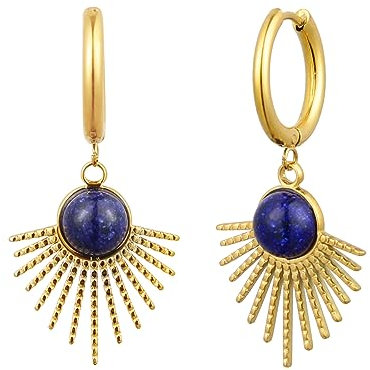 TEZCRT Damen Ohrringe Creolen mit Anhänger Gold, Lapislazuli, Wasserfest, Durchmesser 16.9 mm