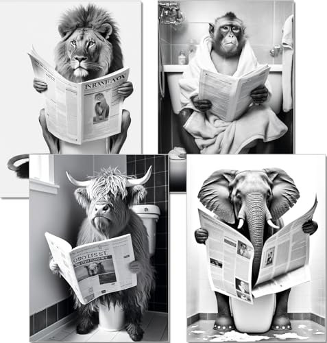 artpin® Lot de 4 posters décoratifs pour WC - Impression d'art A4 en noir et blanc - Décoration murale pour toilettes - Boeuf des Highlands Singe Lion Éléphant Safari B19