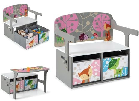 DREAMADE 3 in 1 Kindersitzgruppe aus Holz, Kinder Tisch Stuhl Set mit 2 Stoffboxen, Kinderbank mit Stauraum & Deckel, Aufbewahrungsbank Spielzeugkiste Truhenbank für Kinderzimmer(Grau)