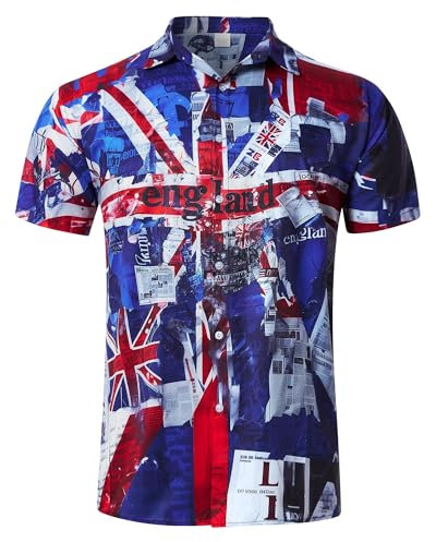 RAISEVERN Mens Shirt Funny Stag UK Flag Graphic Festival Bad Taste Funky 3D Print Shirts Jubilee Union Jack Ugly Awful Hawaiian Crazy Rave Party, XL