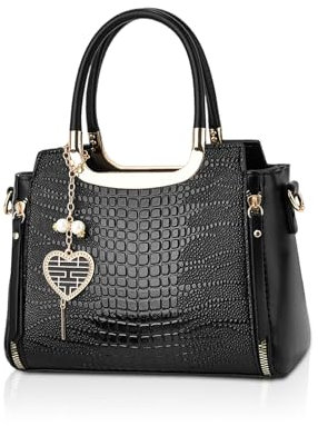 NICOLE & DORIS Mode Handtaschen Damen Schultertaschen Elegant Henkeltasche PU Leder Umhängetasche Crossbody Bag Krokodil Handtasche mit Anhänger Schwarz