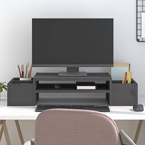 Tidyard Support de Moniteur Gris 70x27,5x15 cm Bois de pin Solide, Support de Moniteur, Rehausseur d'écran de Bureau Meuble TV de Moniteur pour Ordinateur, TV, Imprimante