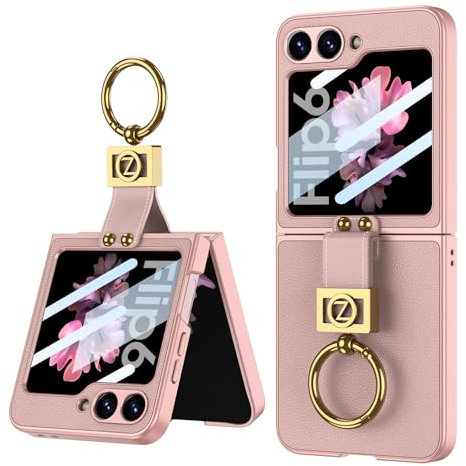 COQUE Custodia per Samsung Z Flip 6, Cover Protettiva con Supporto Video ad Anello, Custodia in Pelle Ultra Sottile per Samsung Galaxy Z Flip 6 5G-Rosa