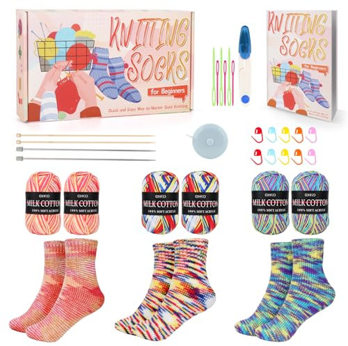 Katech Stricken für Anfänger Set, Strumpfnadeln für Socken, Knitting Set Anfänger, 25cm Stricknadeln Socken aus Metall und Bambus, Strickset für Anfänger mit Englisch Anleitung, Blau+Bunt+Orange