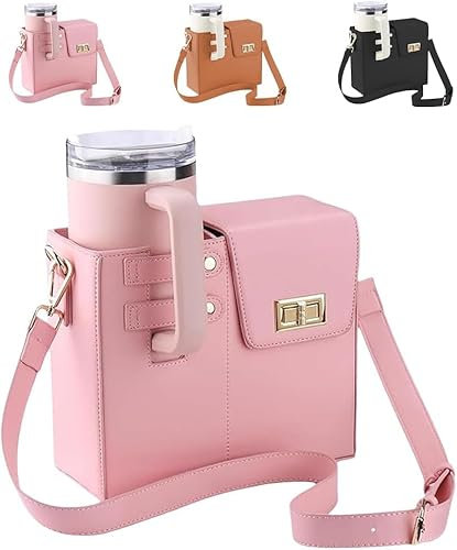 HiGropcore Outdoor Portable Crossbody Water Cup Storage Bag, Water Cup Bottle Bag for Stanley Purse Cup Holder Bag, Leather Water Bottle Bag With Adjustable Strap (Pink)