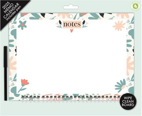 2025 Memo Calendar Wipe Clean Notes Board & Pen Stylish Blue Floral Design