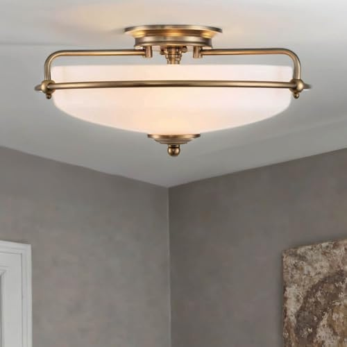 Licht-Erlebnisse Deckenlampe Weiß Messing Antik Ø 42,2 cm in E27 3-flammig rund Jugendstil Glas Metall Deckenleuchte Wohnzimmer Küchenlampe Decke