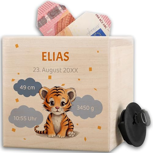 Shirtracer Spardose Holz personalisiert Tiger Daten Geburt | Holz, 10x10cm, Baby, Babyparty, Babygeschenke, Dschungel, Raubkatze, Kinder, Taschengeld, Wunscherfüller, Geldgeschenk, Deko