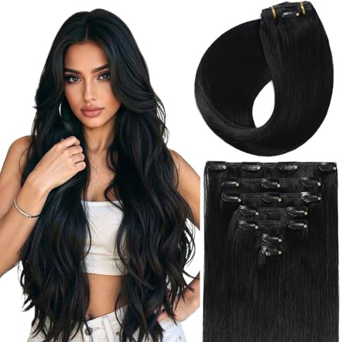 Sunya Clip in Extensions Echthaar Jett Schwarz 35cm 70g | Invisble Glatt Haar Skin Weft, Für Feines, Normales Haar, Remy Echthaar,Clip-In Extensions, Mehr Volumen