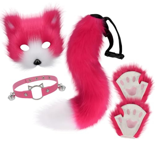 ISAKEN Fuchsschwanz Kunstpelz Flauschige Fox Plüsch Maske, Tierohren Stirnband Schwanz Pfote Handschuh Set, Cosplay-Kostüm-Set, Fuchs Katze Cosplay Für Frauen