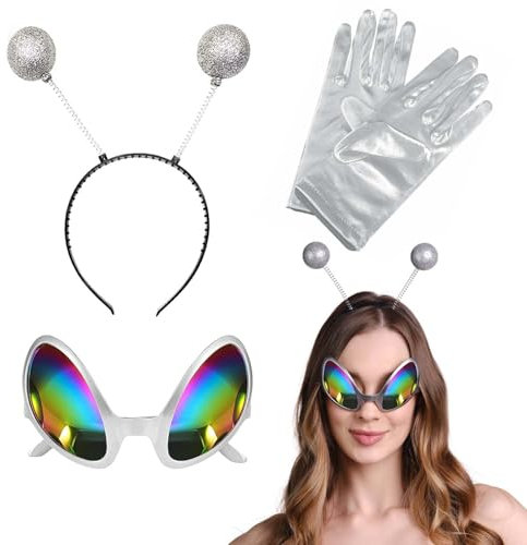 FeiOne Alien Kostüm Set - 3 Stück Mit Stirnband, Brille und Handschuhen für Partys und Karneval - Atmosphäre und Foto-Requisiten für Damen, Herren, Kinder