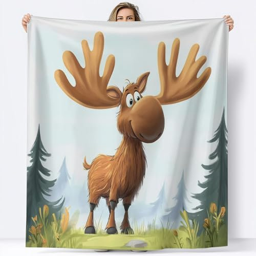 Kuscheldecke Flanell Decke 150 x 200 cm Cartoon Elch 3D Drucken Flauschig Weich Warm Microfaser Plüsch Wohndecke Fleecedecke Tagesdecke Decke für Sofa und Bett