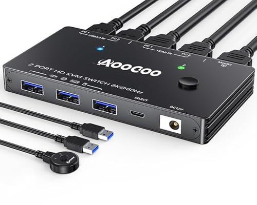 Switch KVM HDMI 2 PC 1 Monitor 8K@60Hz/4K@120Hz Switch KVM con telecomando cablato Cavo USB 3.0 incluso