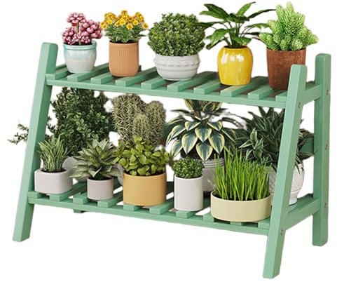 Scaffale angolare in bambù per piante multiple, 2 ripiani, per interni ed esterni, per vasi da fiori, scala, supporto per piante, per patio, giardino, soggiorno, balcone, camera da letto, verde, 70,1