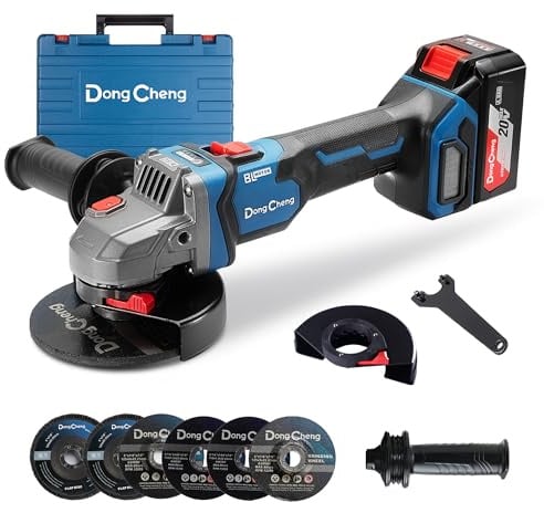 Dong Cheng 20V Cordless Angle Grinder 125mm, DSC Protection, 4.0Ah Kit | 9000RPM,3 Variable Speed Control, Tool-free Guard, 6 Discs, Easy Use, for Metal Cutting, Grinding & Polishing
