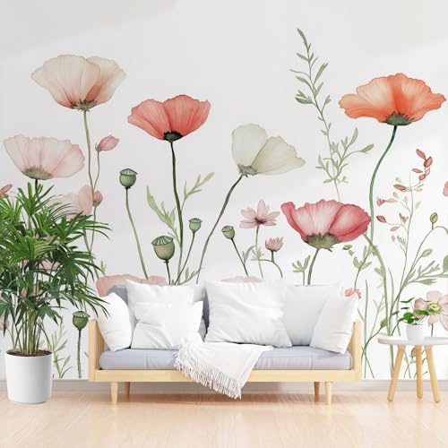 Tyafsgvqo Mohnblume Tapete, Natur Pflanzen Floral Selbstklebende Tapete | Wasserfest Abwaschbar, Landhaus Frühlingsblumen Vliestapete Fototapete Küche Wohnzimmer Schlafzimmer Kinderzimmer 200x140 cm