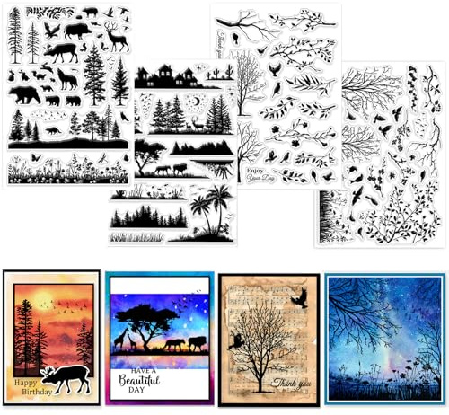 GLOBLELAND 4 Blatt Baumsilhouette Klarstempel Für Scrapbooking Vogelsilhouette Silikonstempel Waldtier Transparentes Stempelset Für Kartengestaltung DIY Prägung Journaling