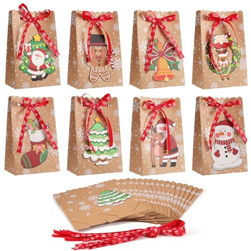 Kyrio 24 Stück Weihnachten Party Geschenkboxen, Geschenktüten Weihnachten aus Kraftpapier, mit Schleife Geschenktüten für Weihnachtsfeier-Leckereien, Kekse, Snacks und Geschenke