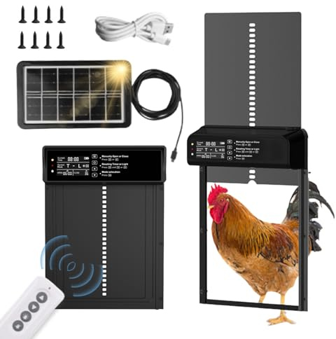 CHSEEO Automatic Chicken Coop Door Opener Solar Powered, Large for Run Chicken | LED Screen, Timer, Light Sensor, Manual & Remote Control, Anti-Pinch, Aluminum Alloy, Abnormally Open Close Auto Alarm