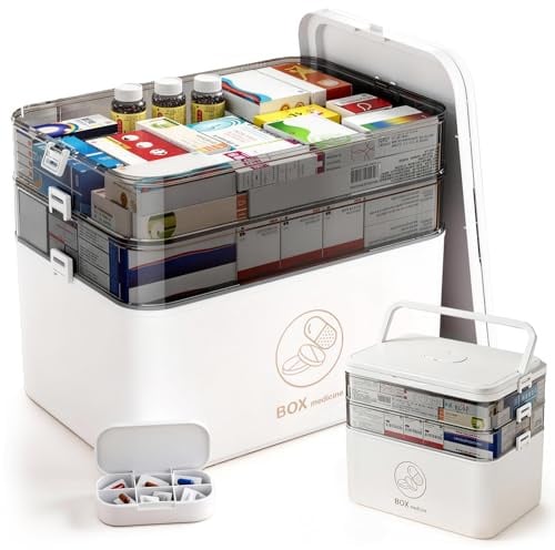 Purecas 3-stöckige Medizinbox | Portable Hausapotheke mit robustem Griff | Ideal für Haushalt, Reise & Notfall | Übersichtliche Aufbewahrung für Tabletten, Verbandsmaterial & Hygieneartikel