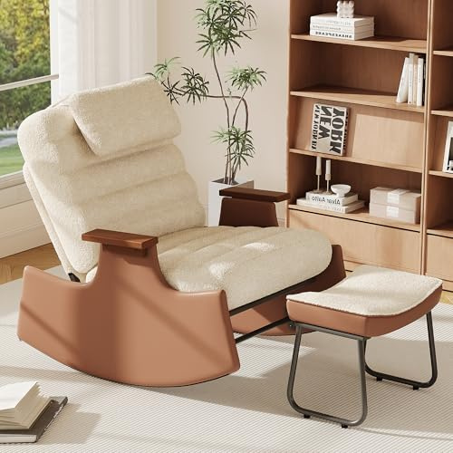 BSCFHCZ Schaukelstuhl mit Fußstütze, Relaxsessel 3-stufig verstellbar, Kuscheliger Teddy-Fleece Lesesessel in Beige mit braunem PU-Leder, Moderner Polstersessel mit Kopfstütze für Wohnzimmer & Balkon