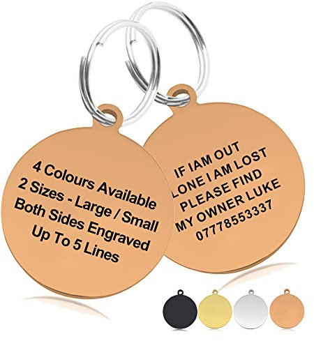 Premium Engraved Personalised Pet Dog Cat Puppy Name ID Bone Round Tag Collar Hand Finished in UK(Champagne Gold (Round),L)