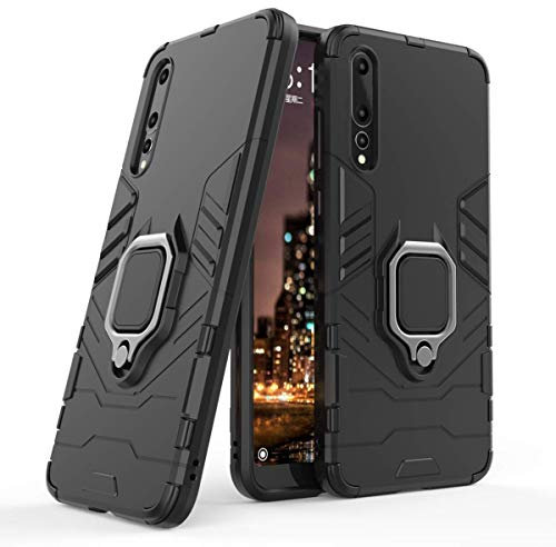 Compatible con Huawei P20 Pro Funda, Anillo Metálico Sujeción Soporte Antichoque Rígido Caja (Funciona con el Montaje de Coche Magnético) Doble Capa Sólido Case Carcasa para Huawei P20 Pro (Negro)