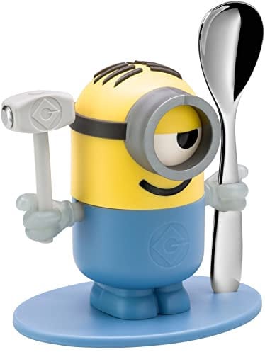 WMF Minions Coquetier en plastique et acier inoxydable Cromargan poli avec cuillère Passe au lave-vaisselle Jaune/bleu