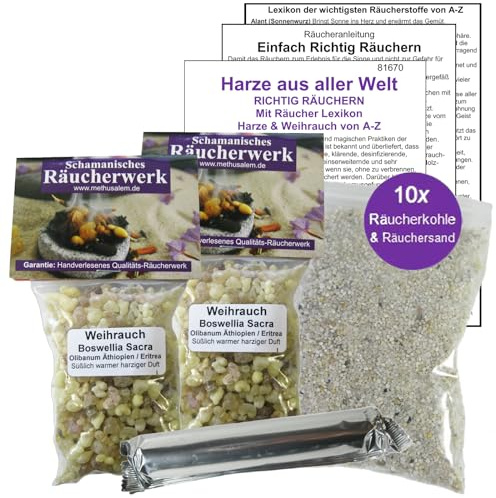 Weihrauch Boswellia Sacra Räucherset 100ml (2X 50ml) – Reines Olibanum Harz aus dem Oman, Äthiopien & Eritrea – 6-TLG. Räucherwerk Set zum Ausräuchern mit Kohle, Sand & Anleitung. 81670-43