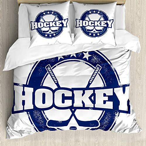 ABAKUHAUS Eishockey Bettwäsche Set für Doppelbetten, Vintage Sticks Sterne, Weicher Microfaserstoff Allegigeignet kein Verblassen, Marine-Blau-Weiß