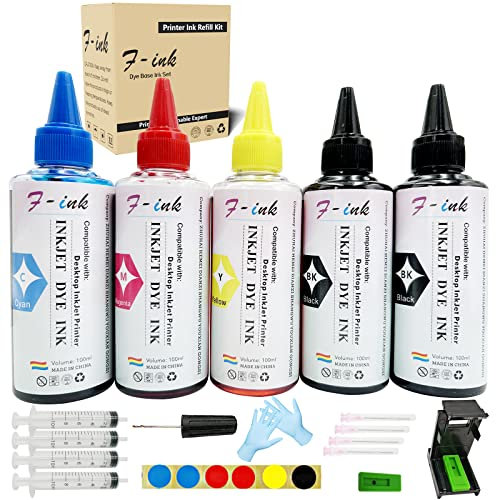 F-INK 5x100ml Bottles Ink and Ink Refill Kits Compatible with Hp Ink Cartridge 304 302 650 62 652 300 301 304XL 652XL 300XL 650XL 302XL 62XL 301XL-with Recharge Tools