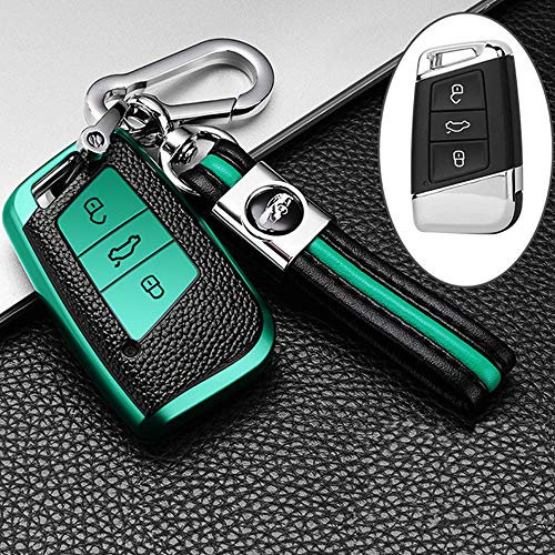 ontto Autoschlüssel Hülle Cover für VW Magotan Passat B8 CC Golf 7 Tiguan MK2 Jetta Skoda Superb A7 Kodiaq TPU Leder Schlüsselhülle mit Schlüsselanhänger Schlüssel Schutz Etui Fernbedienung-Grün