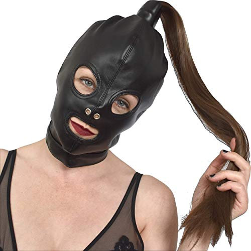 Honeylust Weiche Kunstleder Kopf Maske mit langem Zopf und Augen-Mund-Öffnung - Haube mit weichen Haaren - Augenmaske mit Schnürung - Halloween Fasching Karneval