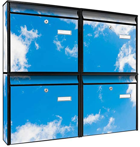 banjado Briefkastenanlage 4 Fach - Postkästen groß - verzinkter Stahl schwarz DIN A4 Motiv Wolken 9 - Briefkasten Set 4 Briefkästen Namensschild, 2 Schlüssel, Montagematerial