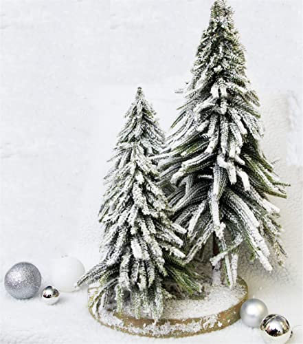 Decorative Snow Topped Mini Christmas Tree Display on Plinth - 3 Trees of Varying Heights