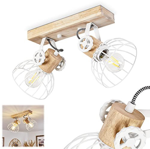 Deckenleuchte Orny, Deckenlampe im Vintage-Design aus Holz/Metall in Natur/Weiß m. Schirmen in Gitter-Optik, Leuchte m. Holzbalken, Textilkabeln u. verstellbaren Strahlern, 2 x E27, ohne Leuchtmittel