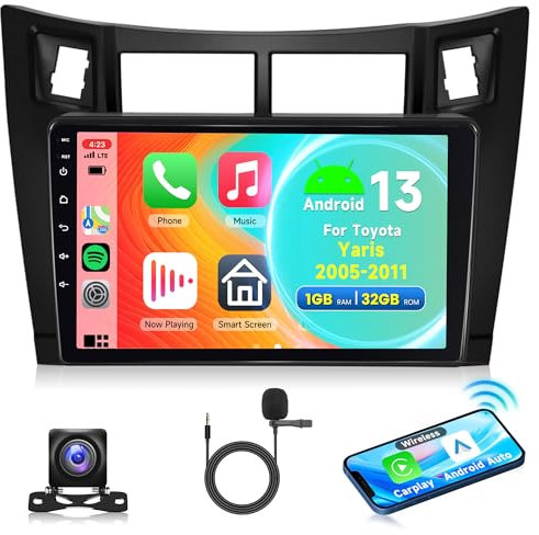 Android Autoradio 2 Din für Toyota Yaris 2005-2011 mit Wireless Carplay Android Auto Navi GPS 9 Zoll Touchscreen Autoradio mit Bluetooth FM/RDS USB/DAB/HiFi Lenkradsteuerung Rückfahrkamera Mikrofon