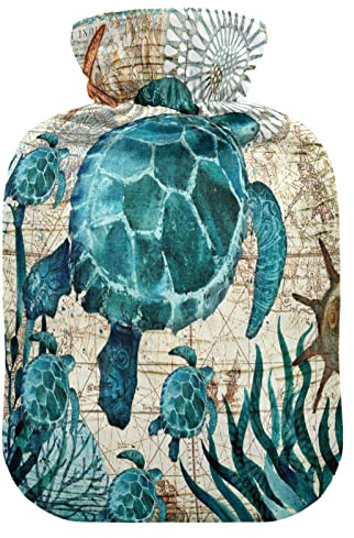 Sea Ocean Starfish Schildkröte Art Wärmflasche mit Bezug, 2L transparenter Heißwasserbeutel, Kalt- und Warmkompresse, ideal zur Linderung von Krämpfen, Rücken, Schultern, Kinder, Männer,