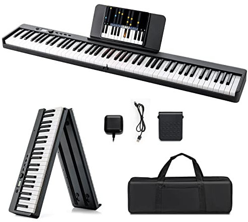 DREAMADE Clavier Électronique Pliable avec 88 Touches Lumineuses LED, Piano Numérique avec Sac de Rangement et Pupitre, Écran LCD, avec 2 Modes d’Enseignement (Noir)