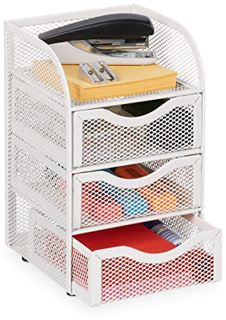 Relaxdays Schreibtisch Organizer, 4 Fächer, Mesh Design, Metall, HBT: 21x12,5x13 cm, Utensilienbox mit Schubladen, weiß