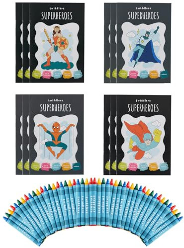 THE TWIDDLERS 12 Mini Malbücher für Kinder mit Buntstiften und Aufklebern, A5-Format - Superhelden-Designs, Partygeschenke für Kinder von 4-8 Jahren, Malbuch Mitgebsel
