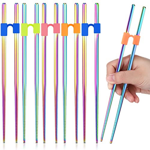 5 Pairs Reusable Chopstick Helpers Non Slippery Training Chopsticks for Adult Replaceable Practice Chopsticks Heat Resistant Chopsticks Holder with Clip for Trainer (Colorful, Stainless Steel)