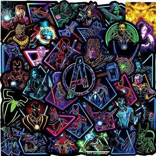 Superhero Neon Sticker, 50PCS Superhelden Sticker, Aufkleber Set, Vinyl Wasserfest für Laptop, Skateboard, Snowboard, Koffer, Fahrrad, Graffiti Aufkleber für Kinder Erwachsene